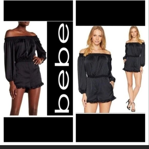 NWT Bebe - Jet Black Satin Off The Shoulder Ruffled Hem Romper size Medium - Picture 1 of 8